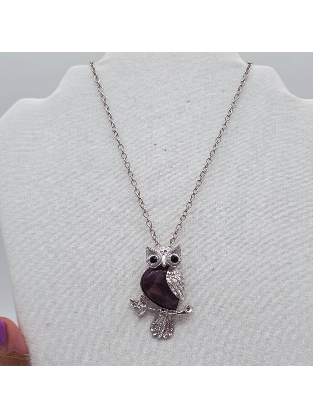 Silver-Tone Owl Pendant Necklace Amethyst Black Crystal Eyes Chain Signed ZAD